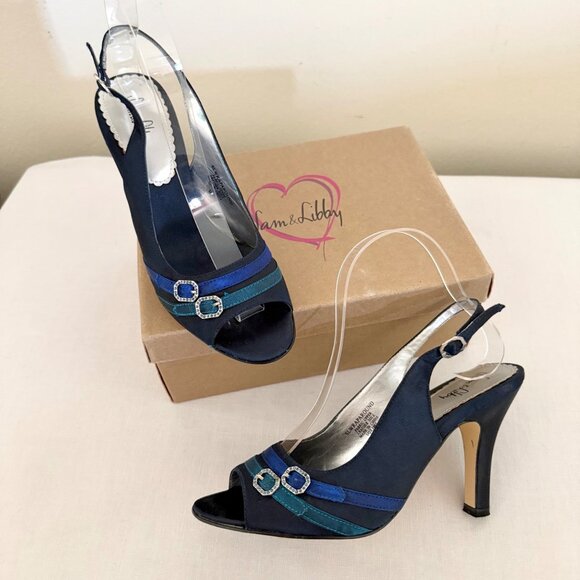 Sam & Libby Shoes - Sam and Libby Heels Size 7 Blue Multi Satin Slingback Open Toe Pumps Y2K